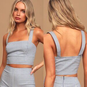 Lulus Women's NWOT Blue White Prairie Core Gingham Follow The Sun Crop Top XL